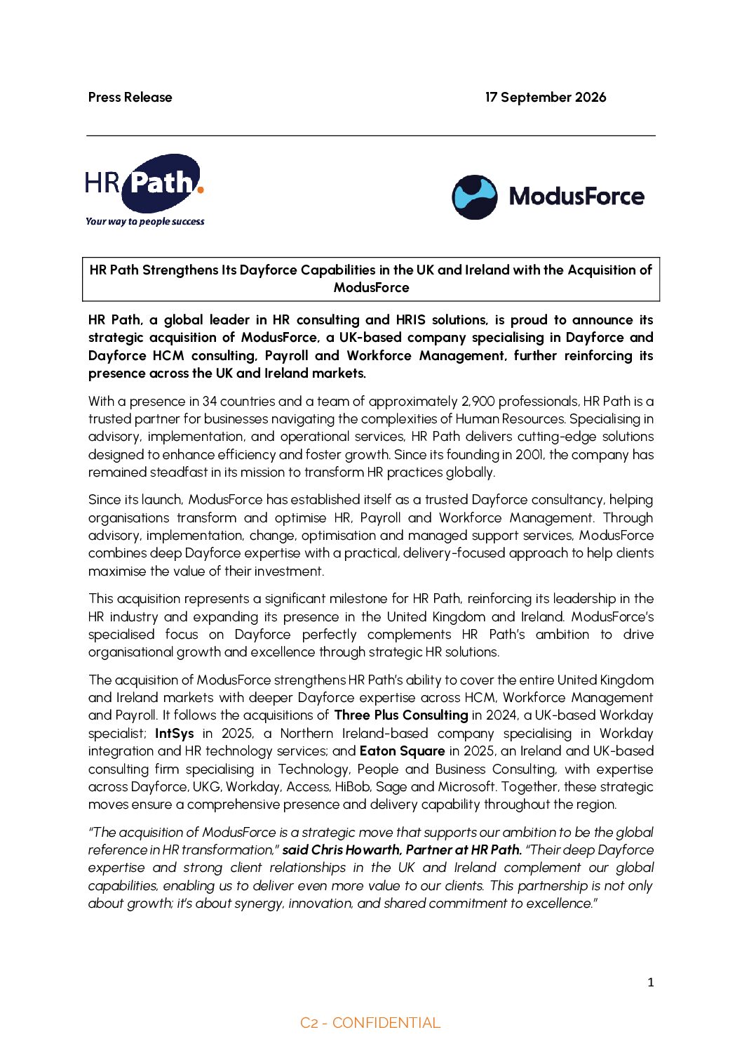 HR Path、ModusForce買収で英国・アイルランドにおけるDayforce対応力を強化