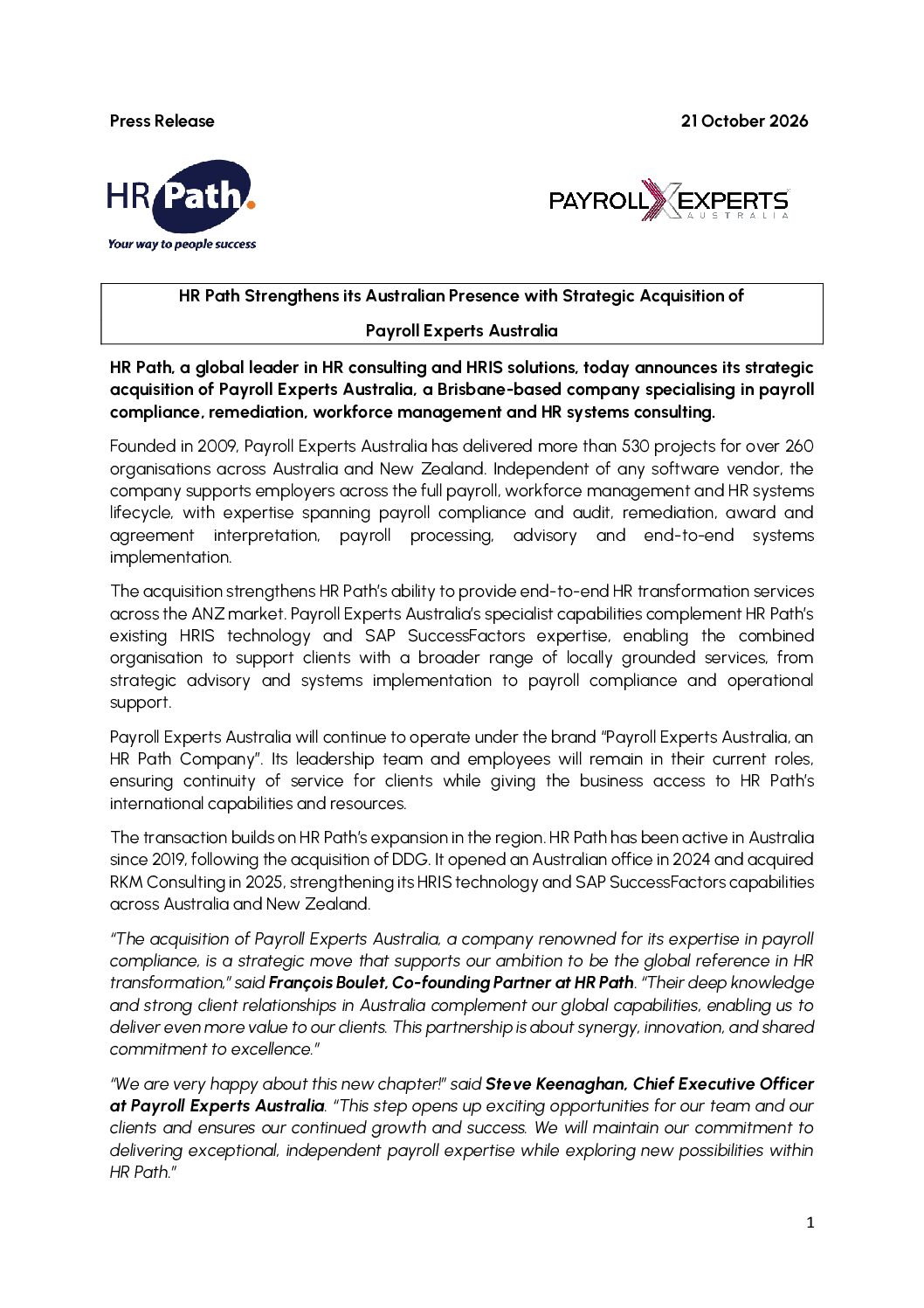 HR Path、Payroll Experts Australiaの戦略的買収でオーストラリア事業を強化